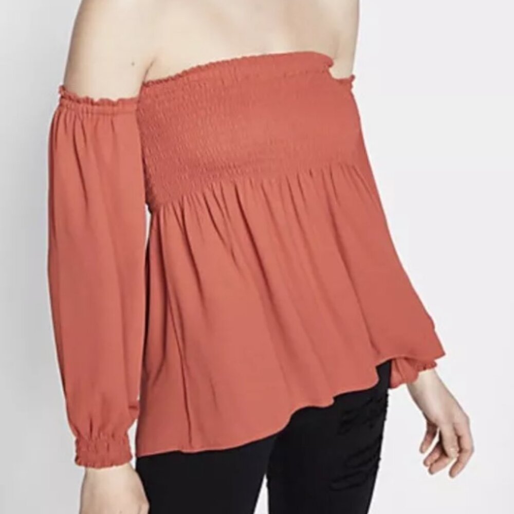 Express Smocked Off the Shoulder Peasant Sleeve Blouse, Size XS